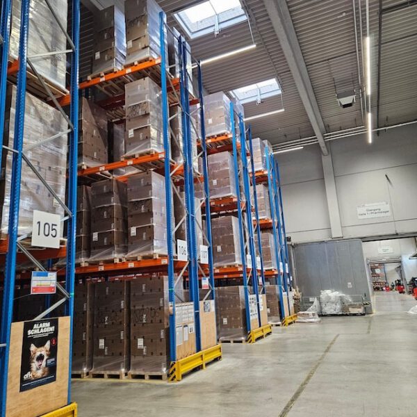 Palettenregal, Stow, Höhe 9m, Traversenlänge 3,60m, 1.000kg pro Palette, max. 7.496 Palettenstellplätze,