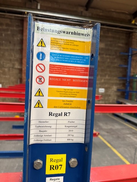 2x 7 Rahmen Kragarmregal, zweiseitig, Fischer, Rahmenhöhe ca. 2,50m, Armlänge ca. 1m, 285kg/ Arm lagertechnik 2x 7 Rahmen Kragarmregal, zweiseitig, Fischer, Rahmenhöhe ca. 2,50m, Armlänge ca. 1m, 285kg/ Arm – Bild 12