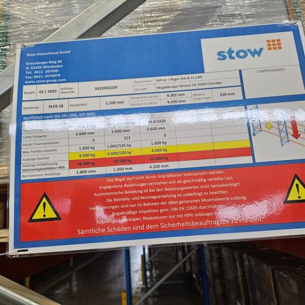 Palettenregal, Stow, Höhe 9m, Traversenlänge 3,60m, 1.000kg pro Palette, max. 7.496 Palettenstellplätze, – Bild 12