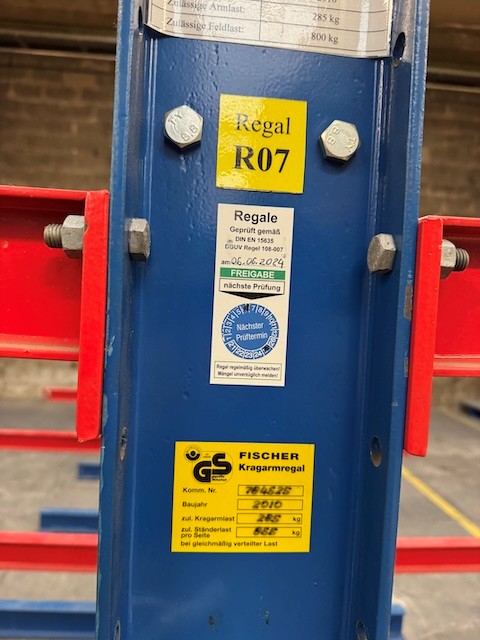 2x 7 Rahmen Kragarmregal, zweiseitig, Fischer, Rahmenhöhe ca. 2,50m, Armlänge ca. 1m, 285kg/ Arm lagertechnik 2x 7 Rahmen Kragarmregal, zweiseitig, Fischer, Rahmenhöhe ca. 2,50m, Armlänge ca. 1m, 285kg/ Arm – Bild 13