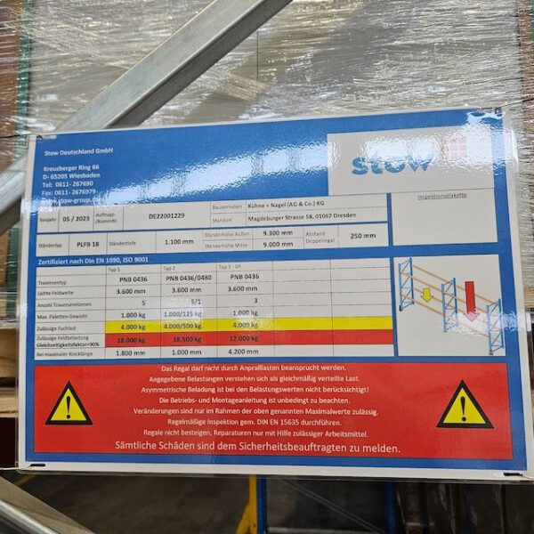 Palettenregal, Stow, Höhe 9m, Traversenlänge 3,60m, 1.000kg pro Palette, max. 7.496 Palettenstellplätze, – Bild 13