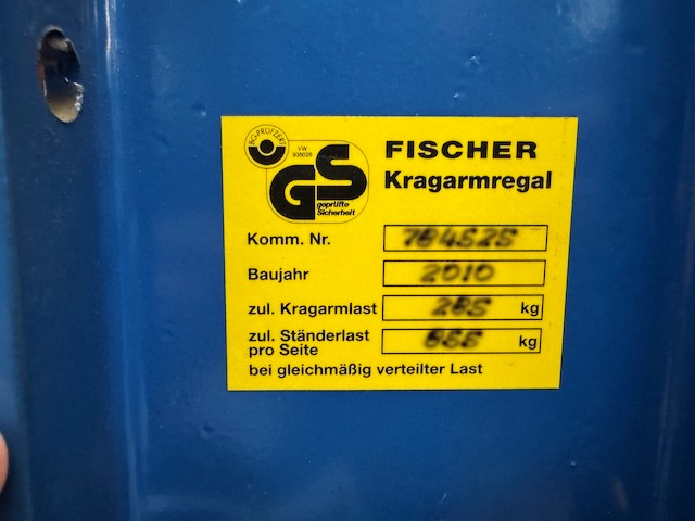 2x 7 Rahmen Kragarmregal, zweiseitig, Fischer, Rahmenhöhe ca. 2,50m, Armlänge ca. 1m, 285kg/ Arm lagertechnik 2x 7 Rahmen Kragarmregal, zweiseitig, Fischer, Rahmenhöhe ca. 2,50m, Armlänge ca. 1m, 285kg/ Arm – Bild 14