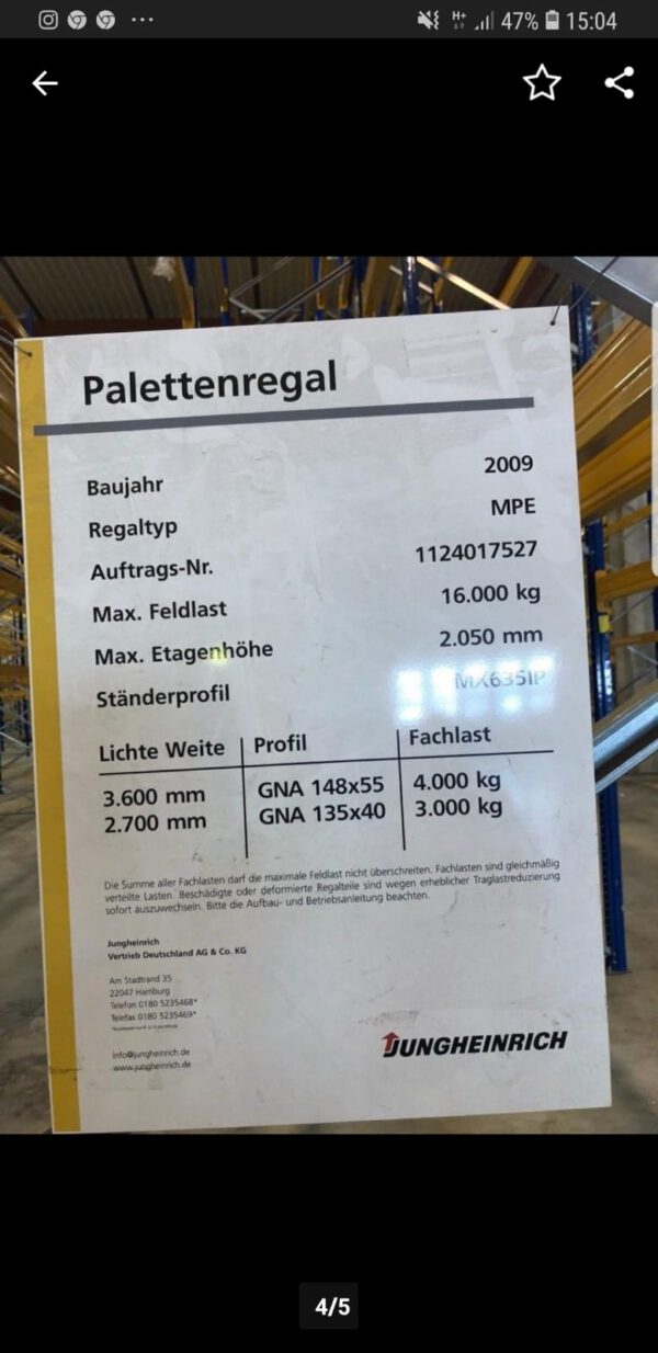 Palettenschwerlasthochregal, Jungheinrich, mind. 7,50m Rahmenhöhe, 1 to / Palette, Traversenlängen 3,60m, max. 12.000 Stellplätze – gebraucht – – Bild 3