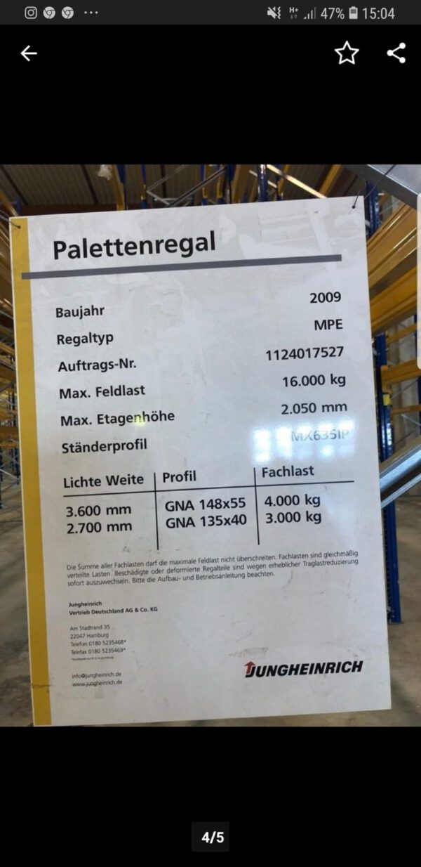 Palettenschwerlasthochregal, Jungheinrich, mind. 7,50m Rahmenhöhe, 1 to / Palette, Traversenlängen 3,60m, max. 12.000 Stellplätze – gebraucht – lagertechnik