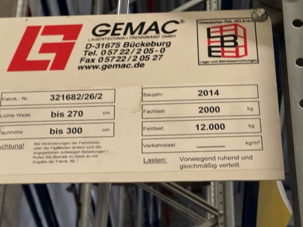 Palettenregal, Gemac, 10,80m Höhe, Traversenlänge 2,70m und 1,80m, 666kg pro Palette, ca. 259 Palettenstellplätze – Bild 3