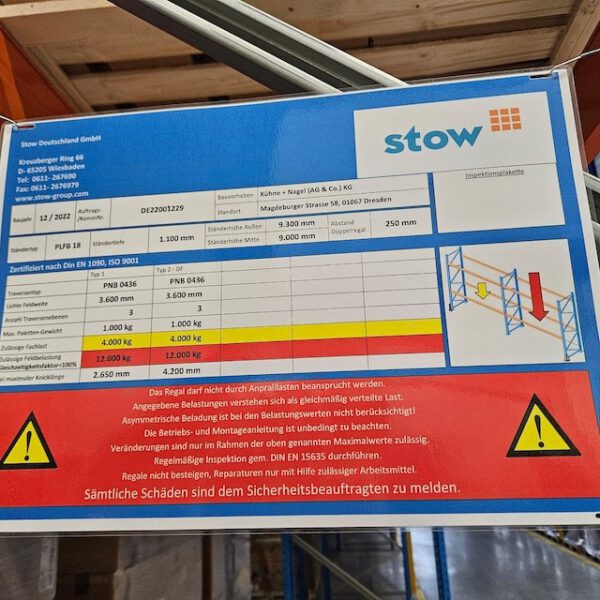 Palettenregal, Stow, Höhe 9m, Traversenlänge 3,60m, 1.000kg pro Palette, max. 7.496 Palettenstellplätze, – Bild 3