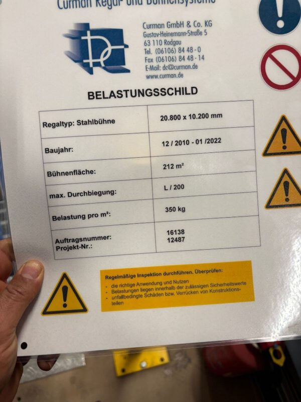 212m2 Stahlbaubühne / Lagerbühne / Mezzanine, Curman, 350kg/m2 – Bild 2