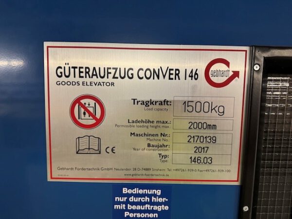2x Aufzug für Güter, Gebhardt, Conver 146, 146.03, aus einer 4 stöckigen Fachbodenregalanlage – Bild 4