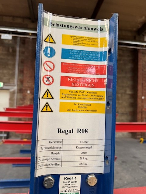 2x 7 Rahmen Kragarmregal, zweiseitig, Fischer, Rahmenhöhe ca. 2,50m, Armlänge ca. 1m, 285kg/ Arm lagertechnik 2x 7 Rahmen Kragarmregal, zweiseitig, Fischer, Rahmenhöhe ca. 2,50m, Armlänge ca. 1m, 285kg/ Arm – Bild 4