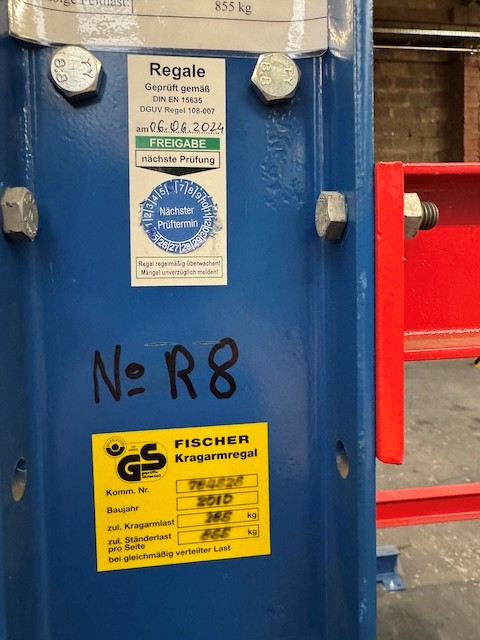 2x 7 Rahmen Kragarmregal, zweiseitig, Fischer, Rahmenhöhe ca. 2,50m, Armlänge ca. 1m, 285kg/ Arm lagertechnik 2x 7 Rahmen Kragarmregal, zweiseitig, Fischer, Rahmenhöhe ca. 2,50m, Armlänge ca. 1m, 285kg/ Arm – Bild 5