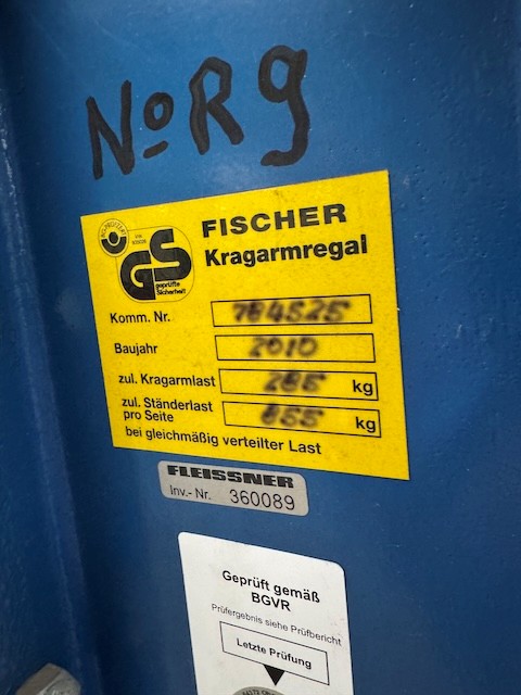 5 Rahmen Kragarmregal, zweiseitig, Fischer, Rahmenhöhe ca. 2,50m, Armlänge ca. 1m, 285kg/ Arm lagertechnik 5 Rahmen Kragarmregal, zweiseitig, Fischer, Rahmenhöhe ca. 2,50m, Armlänge ca. 1m, 285kg/ Arm – Bild 5