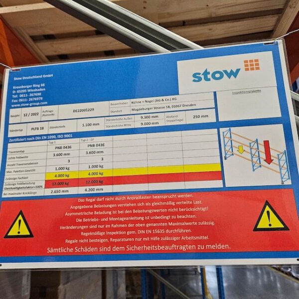 Palettenregal, Stow, Höhe 9m, Traversenlänge 3,60m, 1.000kg pro Palette, max. 7.496 Palettenstellplätze, – Bild 5