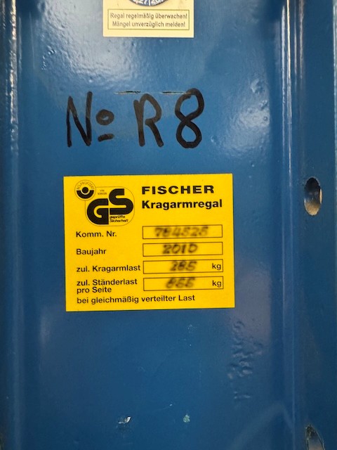 2x 7 Rahmen Kragarmregal, zweiseitig, Fischer, Rahmenhöhe ca. 2,50m, Armlänge ca. 1m, 285kg/ Arm lagertechnik 2x 7 Rahmen Kragarmregal, zweiseitig, Fischer, Rahmenhöhe ca. 2,50m, Armlänge ca. 1m, 285kg/ Arm – Bild 6