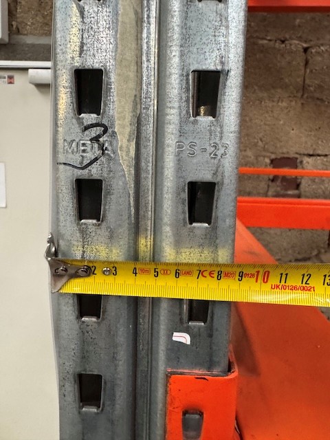 3x Einzelfelder Palettenregal, Meta / RBB, Rahmenhöhe ca. 3,50m bis 4m, Traversenlänge: 2,70m, mit Tiefenstegen, und Durchschubsicherungen lagertechnik 3x Einzelfelder Palettenregal, Meta / RBB, Rahmenhöhe ca. 3,50m bis 4m, Traversenlänge: 2,70m, mit Tiefenstegen, und Durchschubsicherungen – Bild 6