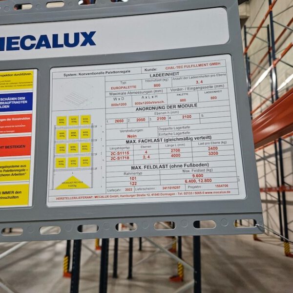 Palettenregal, Mecalux, Höhe 9,50m, Traversenlänge 2,70m 800kg pro Palette, max. 41.000 Palettenstellplätze – Bild 8