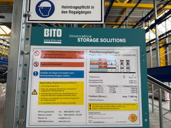 Palettenregal, Bito, Höhe 5,80m – 6m, Traversenlänge 1,80m / 2,70m / 3,60m, 750 - 800kg pro Palette, ca. 1.248 Palettenstellplätze, – Bild 9