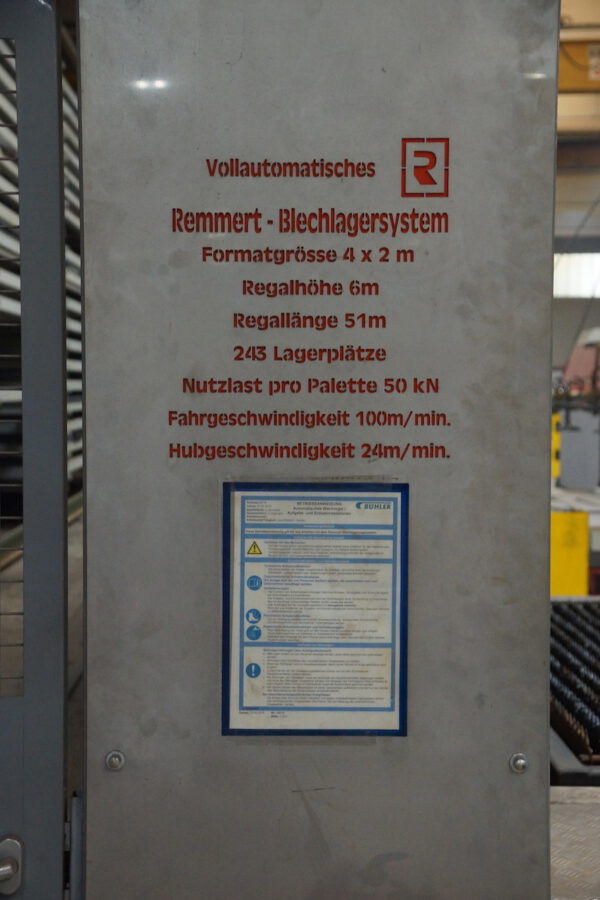 vollautomatisches Blechlager mit 6 Auslagerstationen, 1 Einlagerstation, Remmert, für Bleche max. 4000x2000mm, 243 Lagerplätze, 200 vorhandene Kassetten, max. Beladung pro Palette 5000kg – gebraucht - : – Bild 2