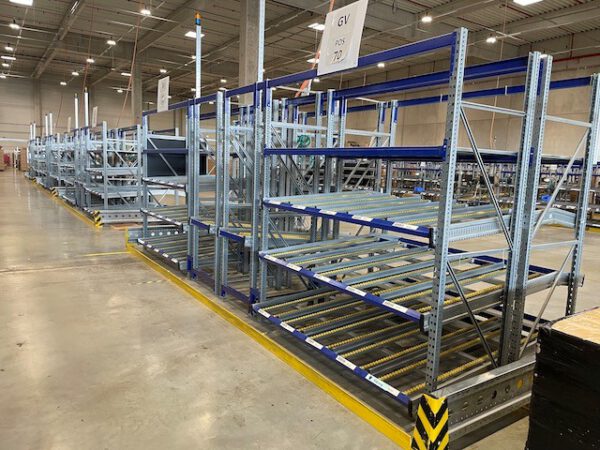 8 Felder mit  schmalem Rücklaufrollenbahn, bis 2,30m tiefe Ebene, Kolli-Durchlaufregal, Stückgut – Durchlaufregalanlage / Bereitstellregale für Kästen und Kartonagen, SSI Schäfer