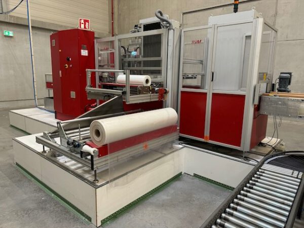 Folienverpackungsmaschine, Cellophanierung von Liegeware (Textil) oder anderen kleinen Teilen, inkl. Drucker