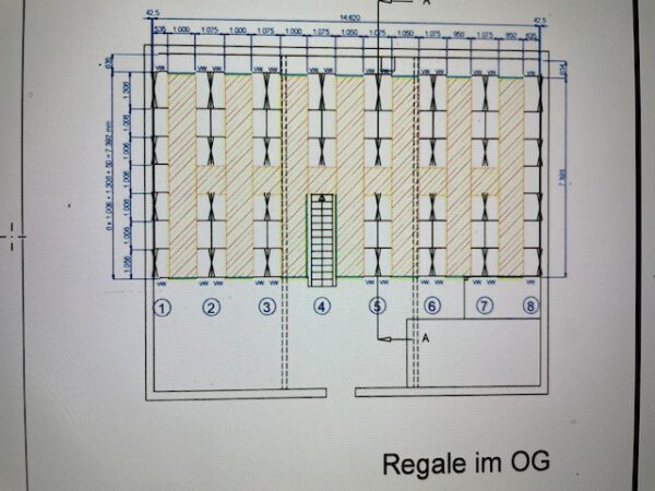 Kleine Fachbodenregalanlage, Meta, Fachbodenmaß hauptsächlich 1m x 0,50m, ca. 172 Felder, 5m Höhe – gebraucht – : lagertechnik