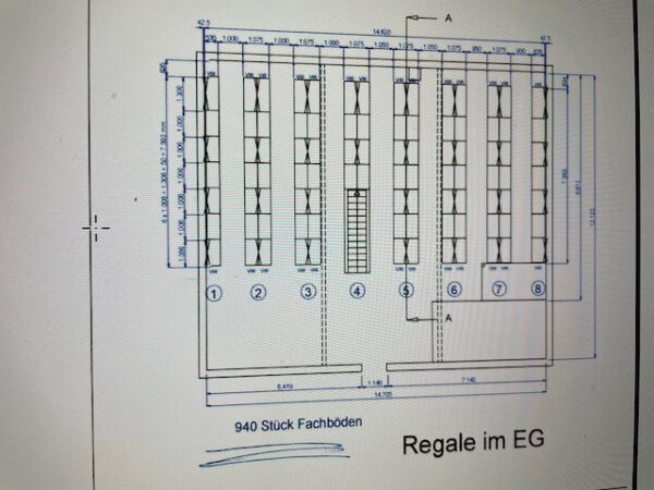 Kleine Fachbodenregalanlage, Meta, Fachbodenmaß hauptsächlich 1m x 0,50m, ca. 172 Felder, 5m Höhe – gebraucht – : lagertechnik