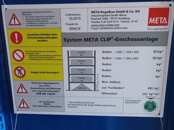 Kleine Fachbodenregalanlage, Meta, Fachbodenmaß hauptsächlich 1m x 0,50m, ca. 172 Felder, 5m Höhe – gebraucht – : lagertechnik