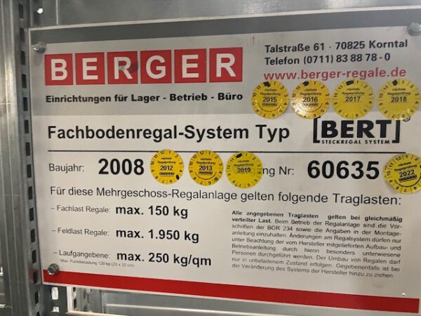  Große Fachbodenregalanlage, 3 Ebenen / Stockwerke, Berger, Böden: 1m x 0,60m, ca. 6.700 Felder, 150kg / Boden, 28.000 Fachböden, ca. 7,50m hoch, ca. 31m x 100m Grundfläche – Bild 27