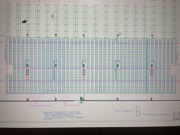  Große Fachbodenregalanlage, 3 Ebenen / Stockwerke, Berger, Böden: 1m x 0,60m, ca. 6.700 Felder, 150kg / Boden, 28.000 Fachböden, ca. 7,50m hoch, ca. 31m x 100m Grundfläche lagertechnik