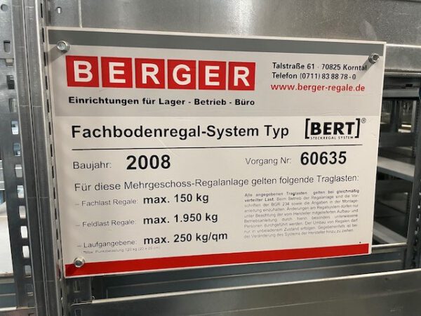  Große Fachbodenregalanlage, 3 Ebenen / Stockwerke, Berger, Böden: 1m x 0,60m, ca. 6.700 Felder, 150kg / Boden, 28.000 Fachböden, ca. 7,50m hoch, ca. 31m x 100m Grundfläche lagertechnik