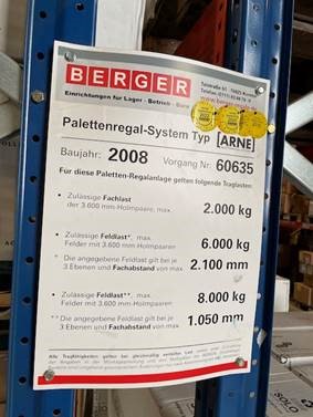 Palettenregal 6,50m hoch, Berger, 500kg / Palette, ca. 6.912 Stellplätze lagertechnik