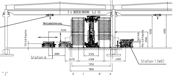 vollautomatisches Blechlager mit 6 Auslagerstationen, 1 Einlagerstation, Remmert, für Bleche max. 4000x2000mm, 243 Lagerplätze, 200 vorhandene Kassetten, max. Beladung pro Palette 5000kg – gebraucht - : lagertechnik