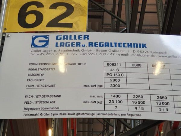 Palettenregal, Galler, ca. 10m, bzw. ca. 5,50m hoch, 1.100kg / Palette, max. 3.747 bzw. 4.647 Stellplätze – Bild 2