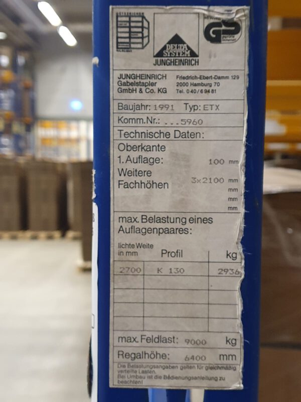 Palettenregal ca. 6,50m hoch, Jungheinrich, 783kg / Palette, ca. 5.964 Stellplätze lagertechnik