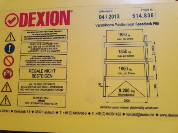 Palettenregal, Dexion, ca. 7,50m hoch, 616kg / Palette, 3m Traversenlänge ideal bei überbreiten Paletten, max. 2.200 Stellplätze – Bild 6