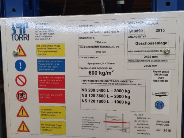 Palettenregal mit Lagerbühne oben drauf, ca. 3.000m2, 600kg/m2, ca. 7,80m hoch, Torri, 500kg / Palette, 3,60m Traversen, ca. 3.888 Stellplätze lagertechnik