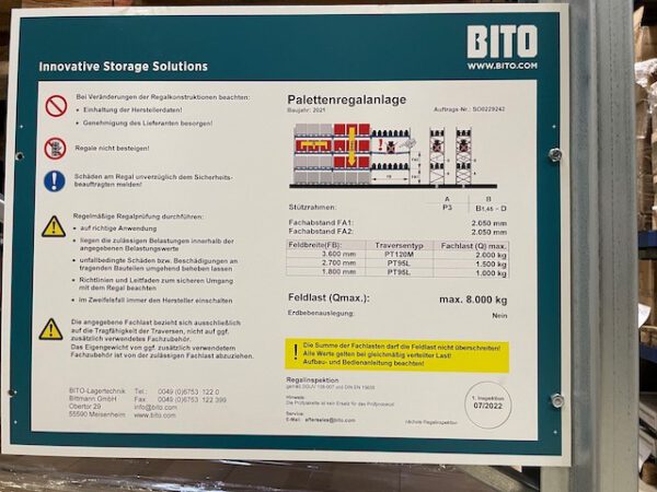 Palettenregal, Bito, 500kg / Palette, 7m – 7,80m Rahmenhöhe, Traversenlänge: hauptsächlich 3,60m, knapp 11.000 Palettenstellplätze – Bild 13