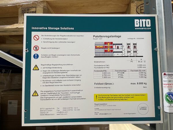 Palettenregal, Bito, 500kg / Palette, 7m – 7,80m Rahmenhöhe, Traversenlänge: hauptsächlich 3,60m, knapp 11.000 Palettenstellplätze – Bild 8