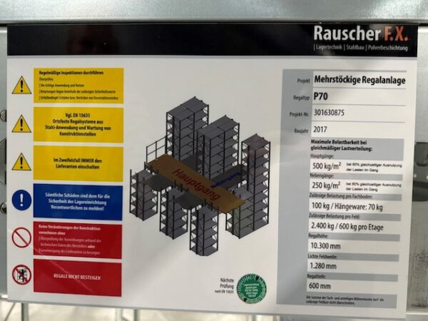 Fachbodenregale, Rauscher, verschiedene Rahmenhöhen, über 400 Felder in Höhe 2,50m, Fachböden 1m x 0,60m – Bild 4