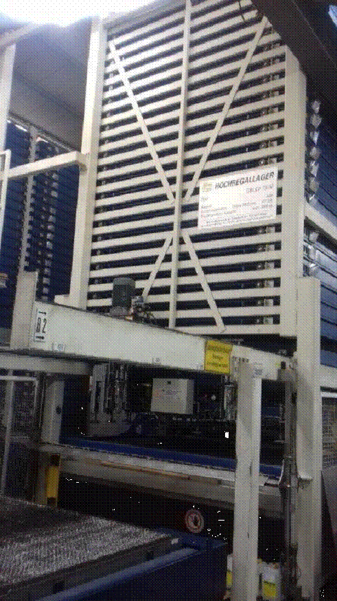 Vollautomatisches Blechlager mit Kommissionieranlage zu z.B. Laser, FMG, für Bleche max. 1,65 x 3,15m, 3to. / Kassette, 117 Kassettenplätze – gebraucht - : lagertechnik