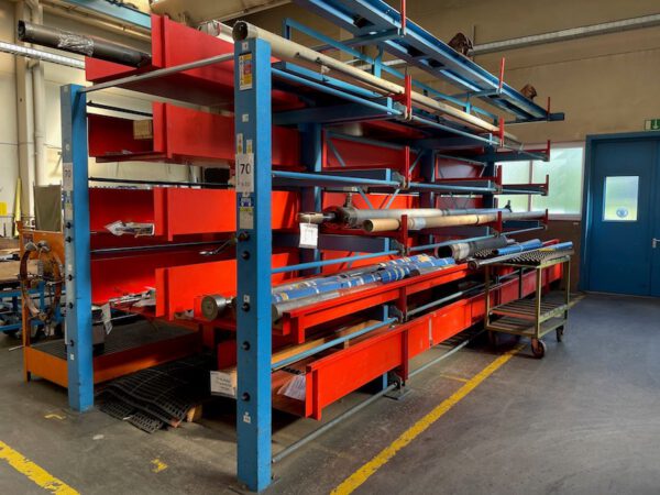 Roll-Aus-Regal, Bartels, 5 Rollarme/Seite + Dachablage, gesamt 6 To. Traglast – gebraucht - :