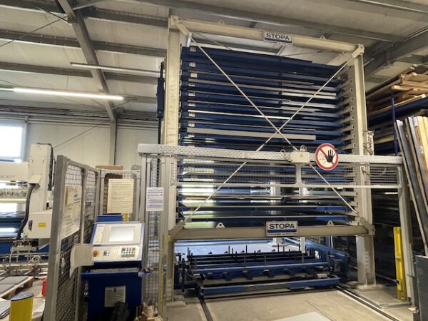 automatischer Blechlagerturm (Doppelturm), Stopa, für Bleche max. 1,50m x 3m, 3 To. Kassette, 34 Lagerplätze – gebraucht - :
