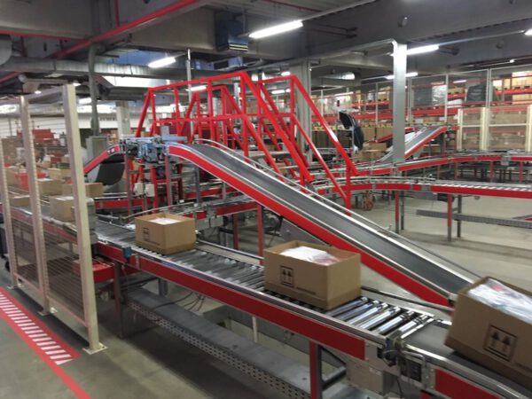 Fördertechnikanlage TGW angetrieben, ca. 450m mit Kartonverpackungsmaschine und Palettierer – gebraucht -: