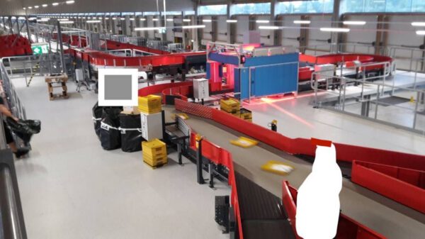 „Schuhsorter“ bzw. Linear Sorter, bis zu 7.500 Sendungen pro Std., Van der Lande, inkl. 20 St. Teleskopgurtförderer, Volumenscanner, Waage – gebraucht - : lagertechnik