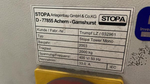 autom. Blechlagerturm für Bleche 1,50x3m, Stopa, Nutzlast 2.000kg, 19 Lagerplätze - gebraucht - : lagertechnik