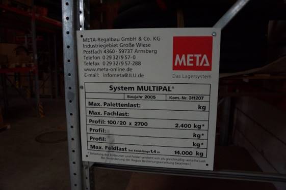 Palettenregal Nr. 2, Meta, Höhe ca. 5m bis 5,50m, max. 177 Stellplätze – gebraucht - : lagertechnik