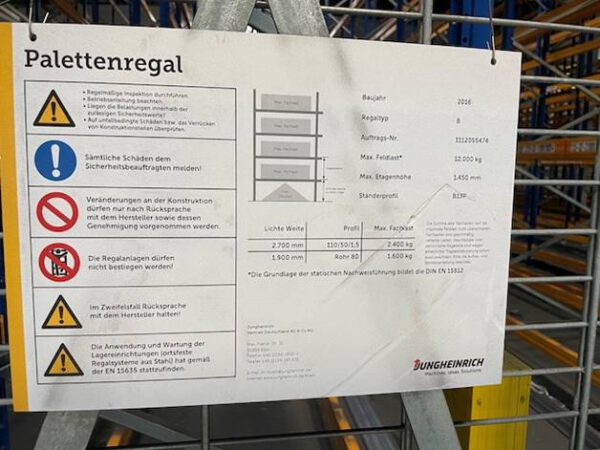 Palettenregal, Jungheinrich, ca. 6,10m hoch, 800kg / Palette, max. 2.600 Stellplätze – gebraucht – : lagertechnik