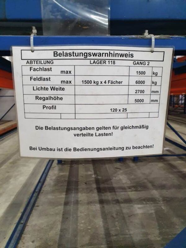 Palettenregal mit Tiefenauflagerahmen (ideal auch für Gitterboxenlagerung), max. 945 Stellplätze, Rahmenhöhe 5m, Traversenlänge 2,70m, 500kg / Palettenstellplatz – gebraucht - : – Bild 3