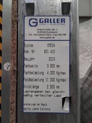 Schwerlast - Palettenregal, Galler Typ Omega, 1 to / Palette, Rahmenhöhe ca. 5,50m, bis zu 1.480 Stellplätze – gebraucht - lagertechnik