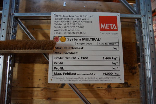 Palettenregal Meta und Schulte, Höhe 5 – 6m, max. 486 Stellplätze, 800kg / Palette – gebraucht – : lagertechnik