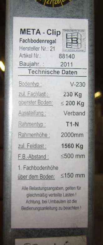 11 Felder Fachbodenregale, Meta, Fachböden 1,30m Breite, Tiefe 0,80m, Rahmenhöhe 2m - gebraucht - : lagertechnik 11 Felder Fachbodenregale, Meta, Fachböden 1,30m Breite, Tiefe 0,80m, Rahmenhöhe 2m - gebraucht - : – Bild 2